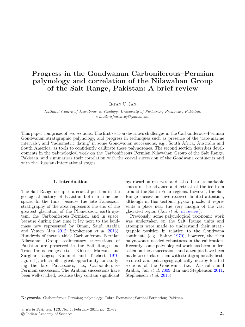 Progress in the Gondwanan Carboniferous–Permian Palynology and Correlation of the Nilawahan Group of the Salt Range, Pakistan: a Brief Review