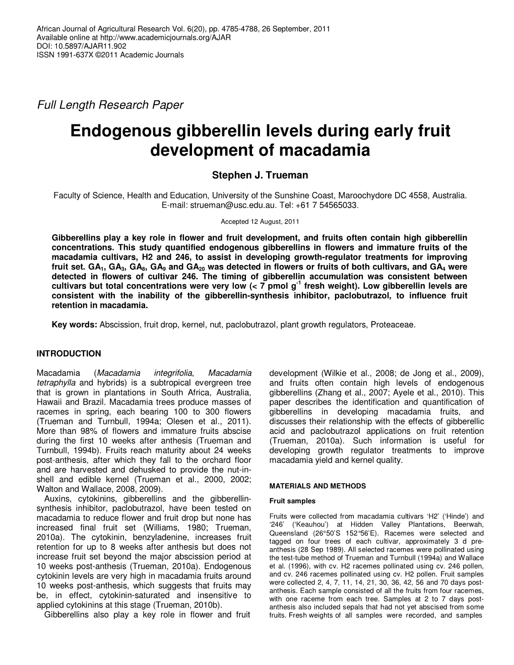 Endogenous Gibberellin Levels During Early Fruit Development of Macadamia