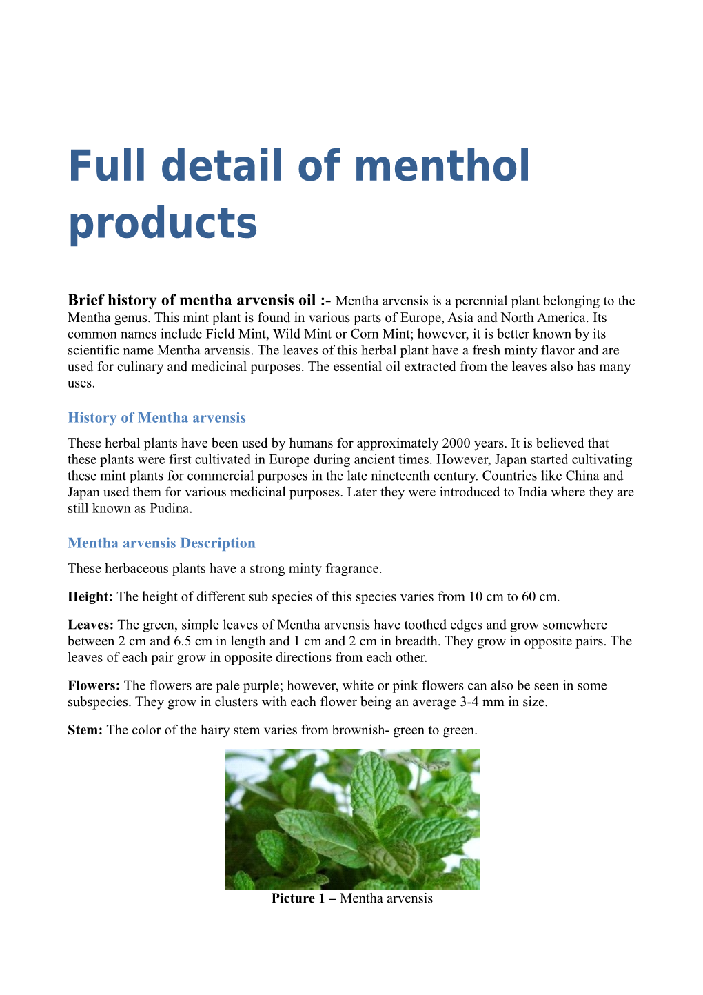 Full Detail of Menthol Products