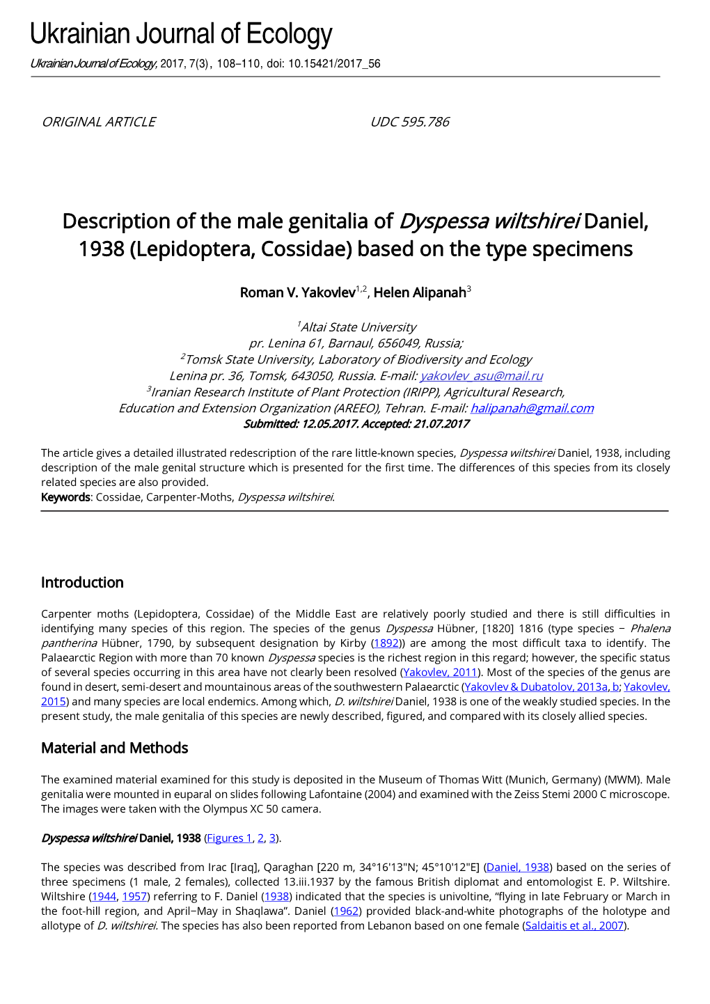 Description of the Male Genitalia of Dyspessa Wiltshirei Daniel, 1938 (Lepidoptera, Cossidae) Based on the Type Specimens