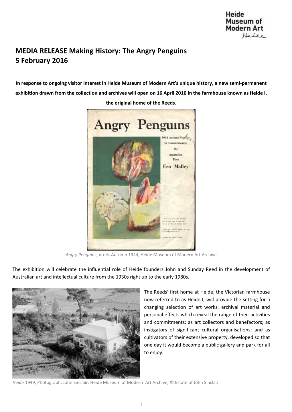 MEDIA RELEASE Making History: the Angry Penguins 5 February 2016