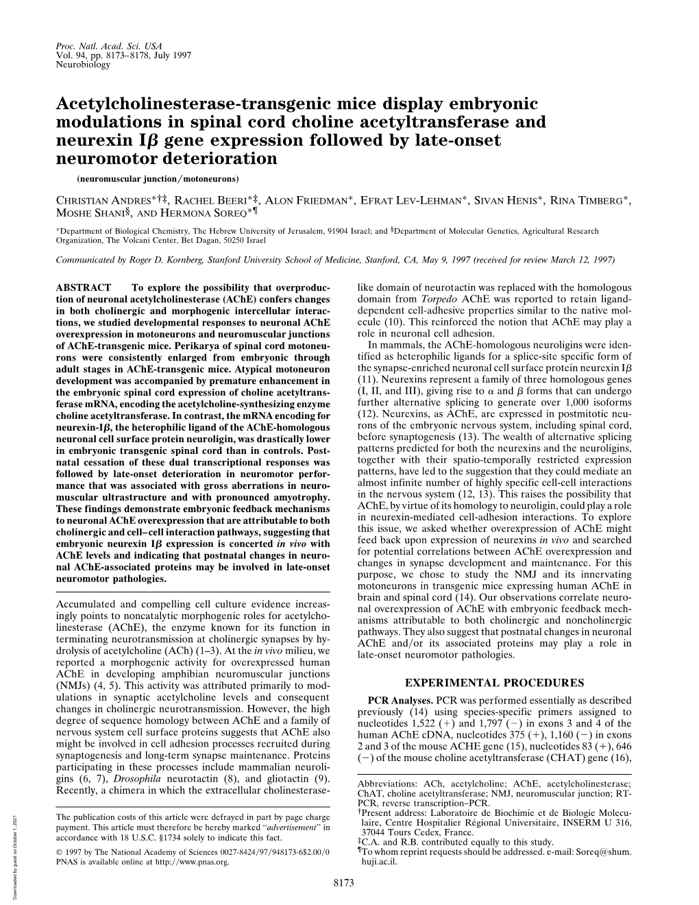 Acetylcholinesterase-Transgenic Mice Display Embryonic Modulations In