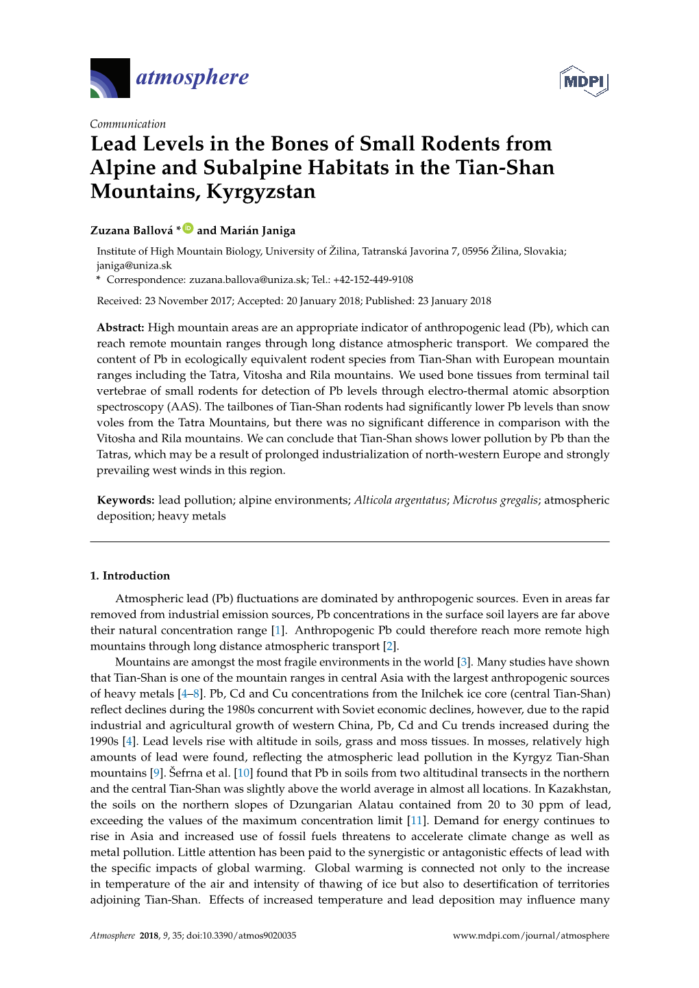 Lead Levels in the Bones of Small Rodents from Alpine and Subalpine Habitats in the Tian-Shan Mountains, Kyrgyzstan