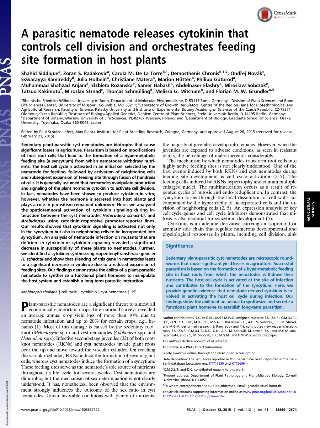 A Parasitic Nematode Releases Cytokinin That Controls Cell Division and Orchestrates Feeding Site Formation in Host Plants