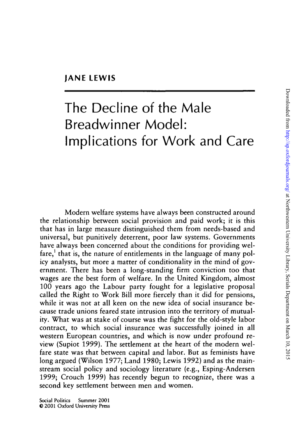 The Decline of the Male Breadwinner Model: Implications for Work and Care