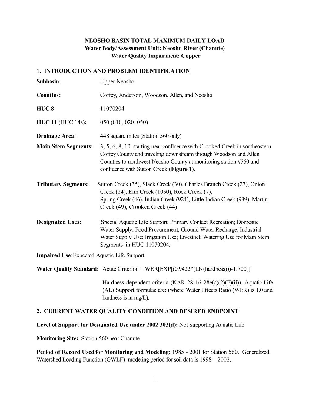 Neosho River (Chanute) Water Quality Impairment: Copper