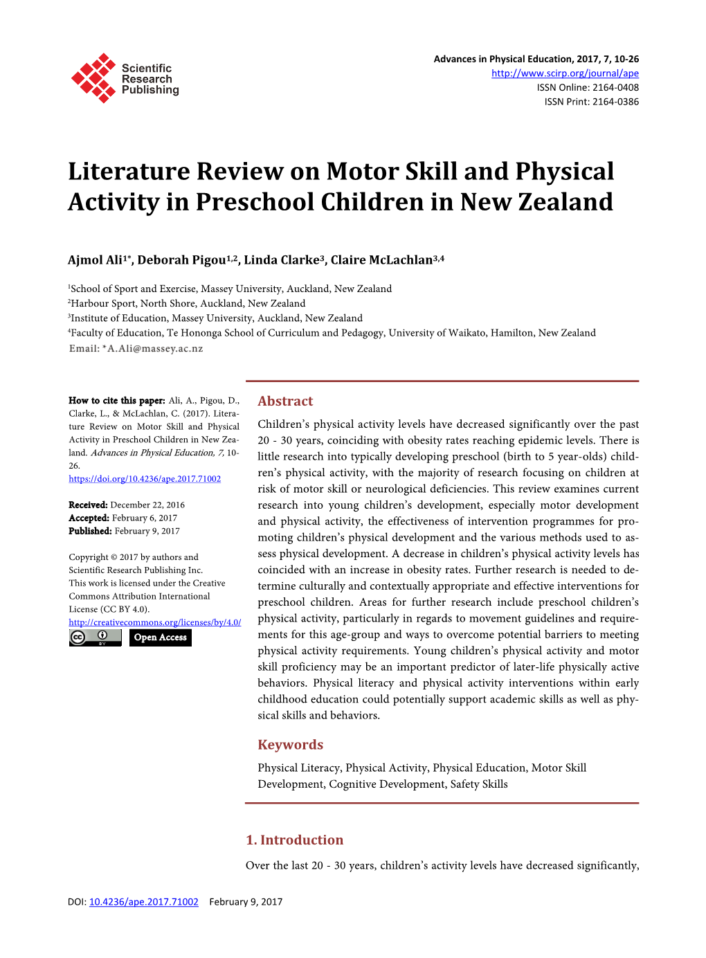 Literature Review on Motor Skill and Physical Activity in Preschool Children in New Zealand