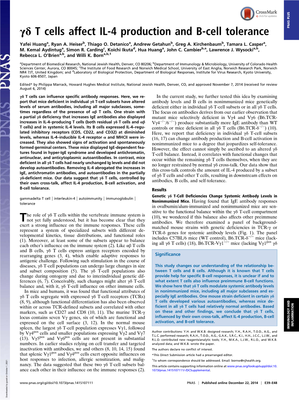 Γδ T Cells Affect IL-4 Production and B-Cell Tolerance PNAS PLUS