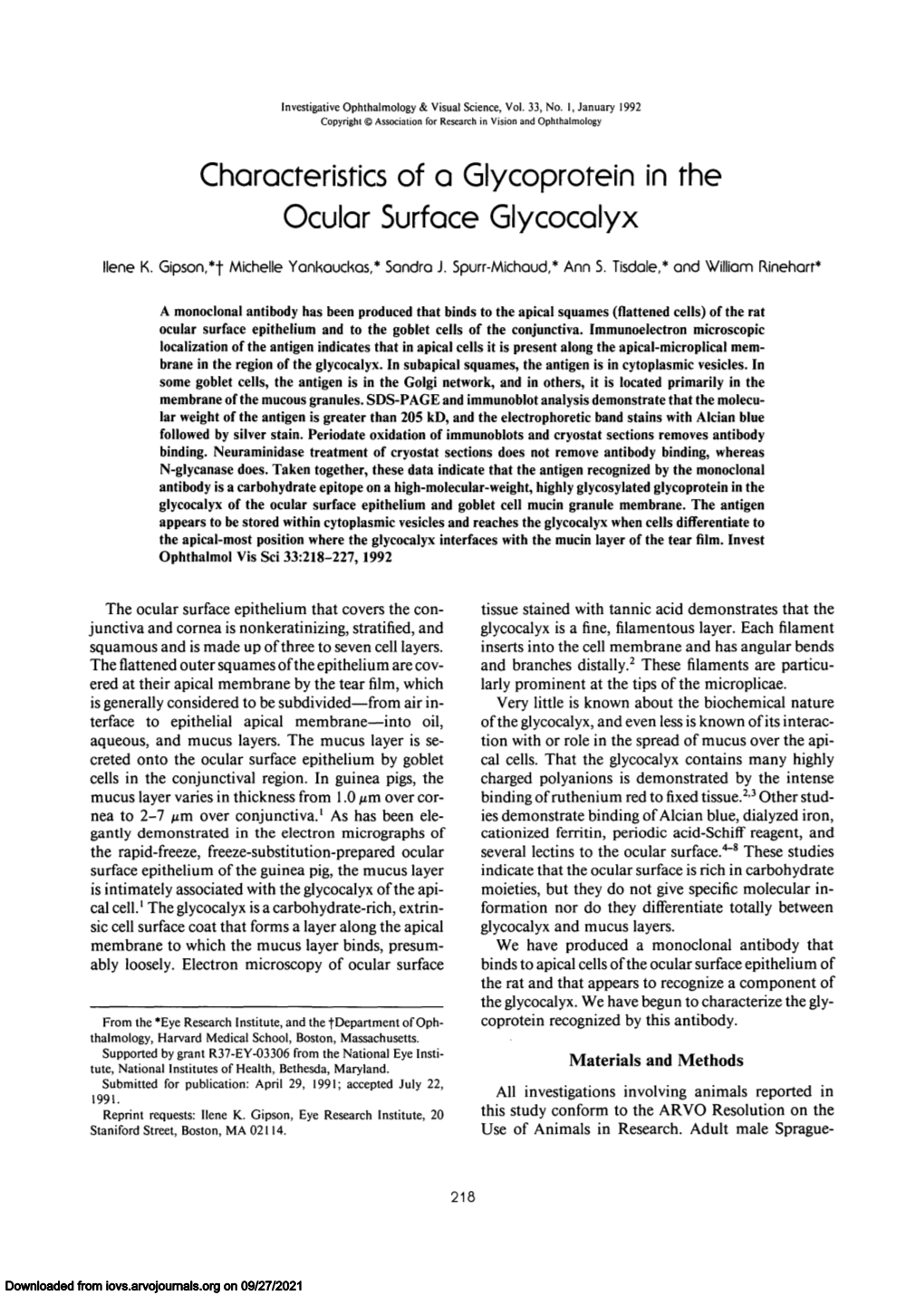 Characteristics of a Glycoprotein in the Ocular Surface Glycocalyx