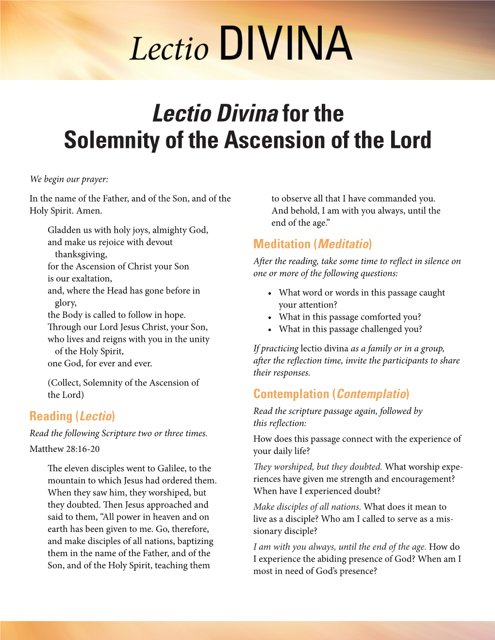 Lectio Divina for the Solemnity of the Ascension of the Lord