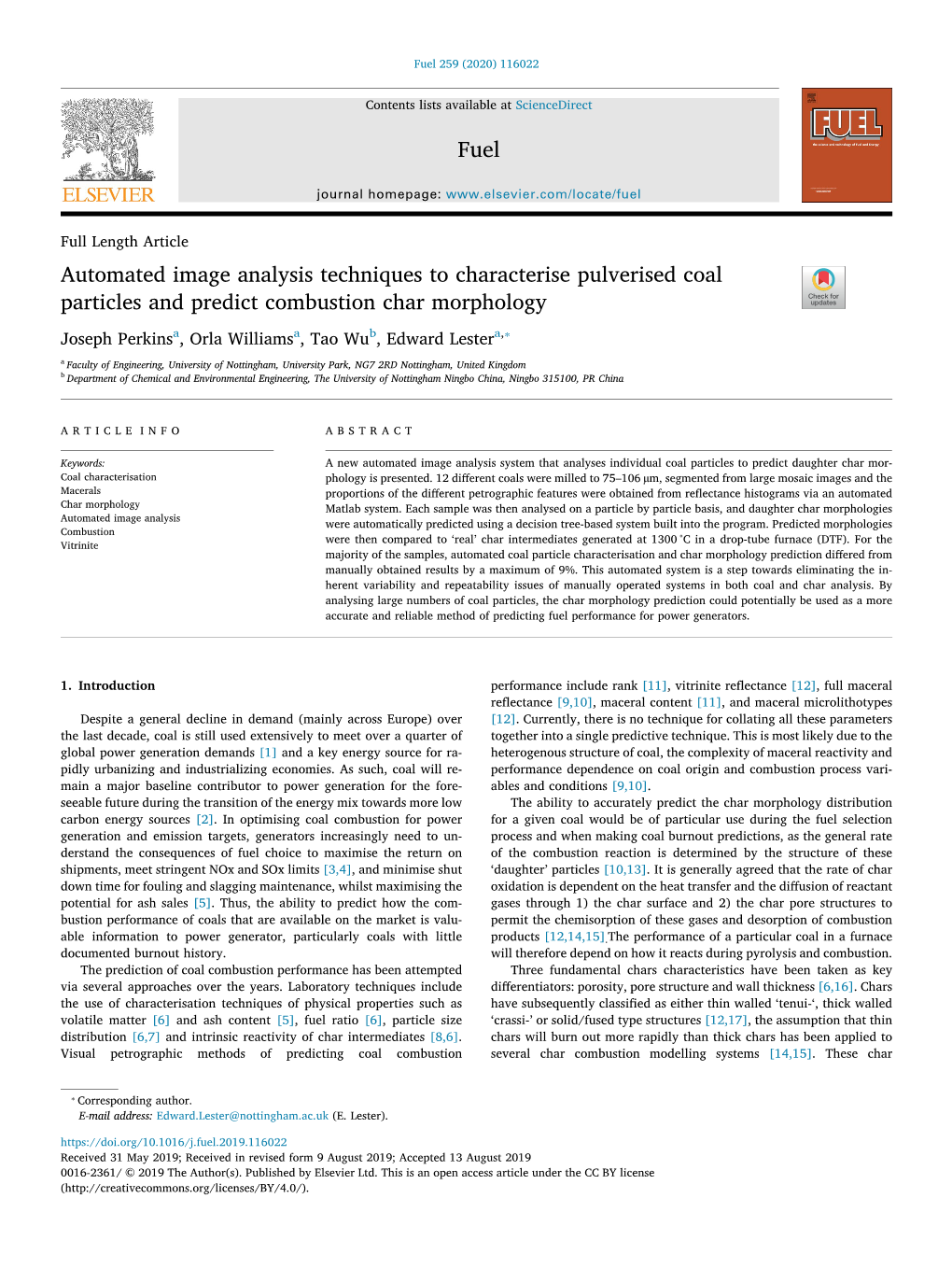 Automated Image Analysis Techniques to Characterise Pulverised Coal