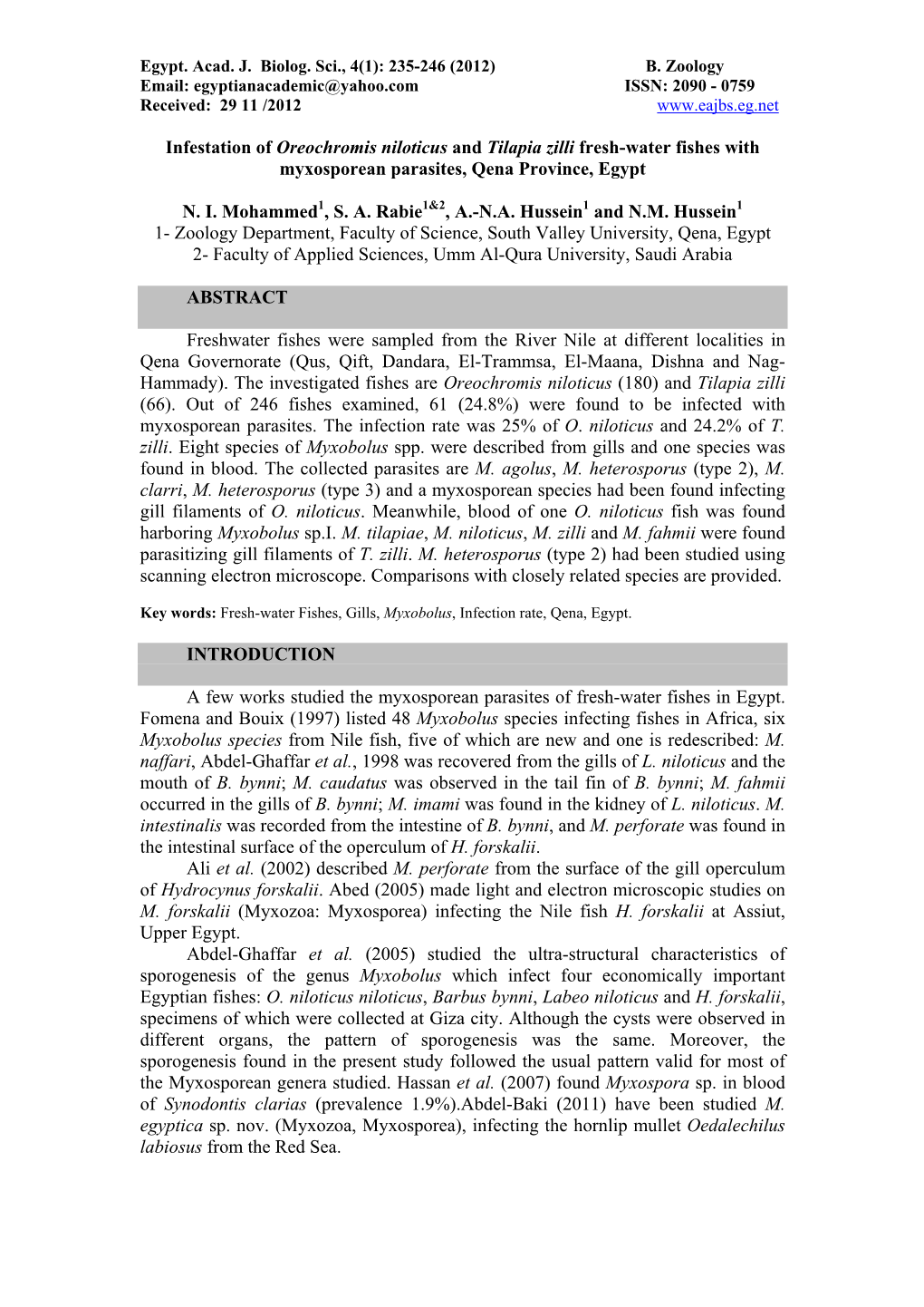 Infestation of Oreochromis Niloticus and Tilapia Zilli Fresh-Water Fishes with Myxosporean Parasites, Qena Province, Egypt