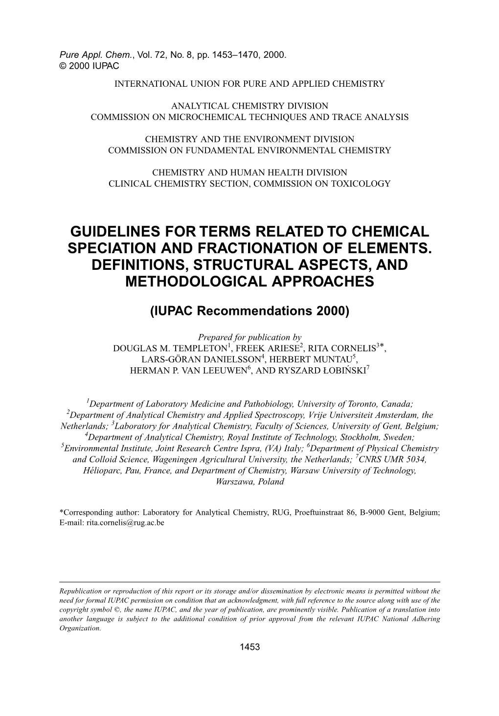 Guidelines for Terms Related to Chemical Speciation and Fractionation of Elements. Definitions, Structural Aspects, and Methodological Approaches