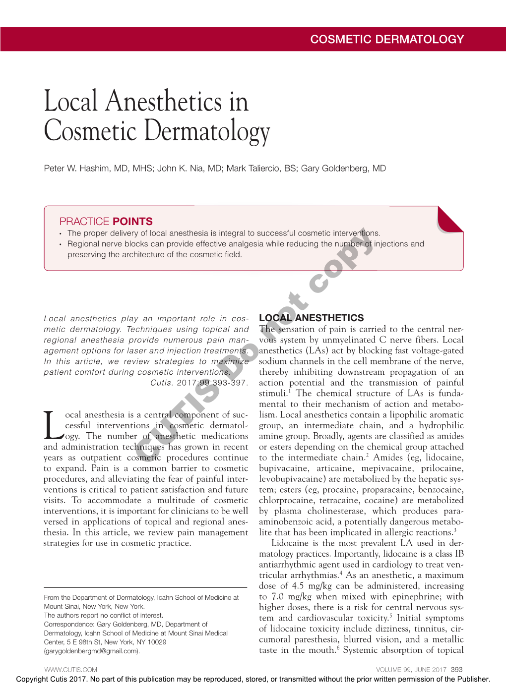 Local Anesthetics in Cosmetic Dermatology