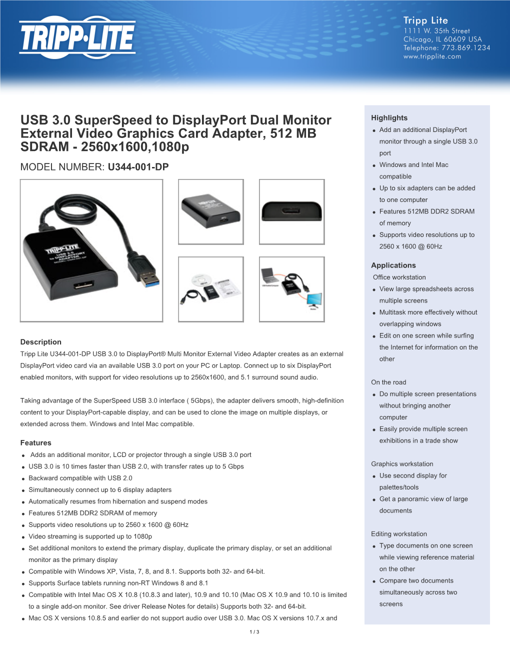 USB 3.0 Superspeed to Displayport Dual Monitor External Video