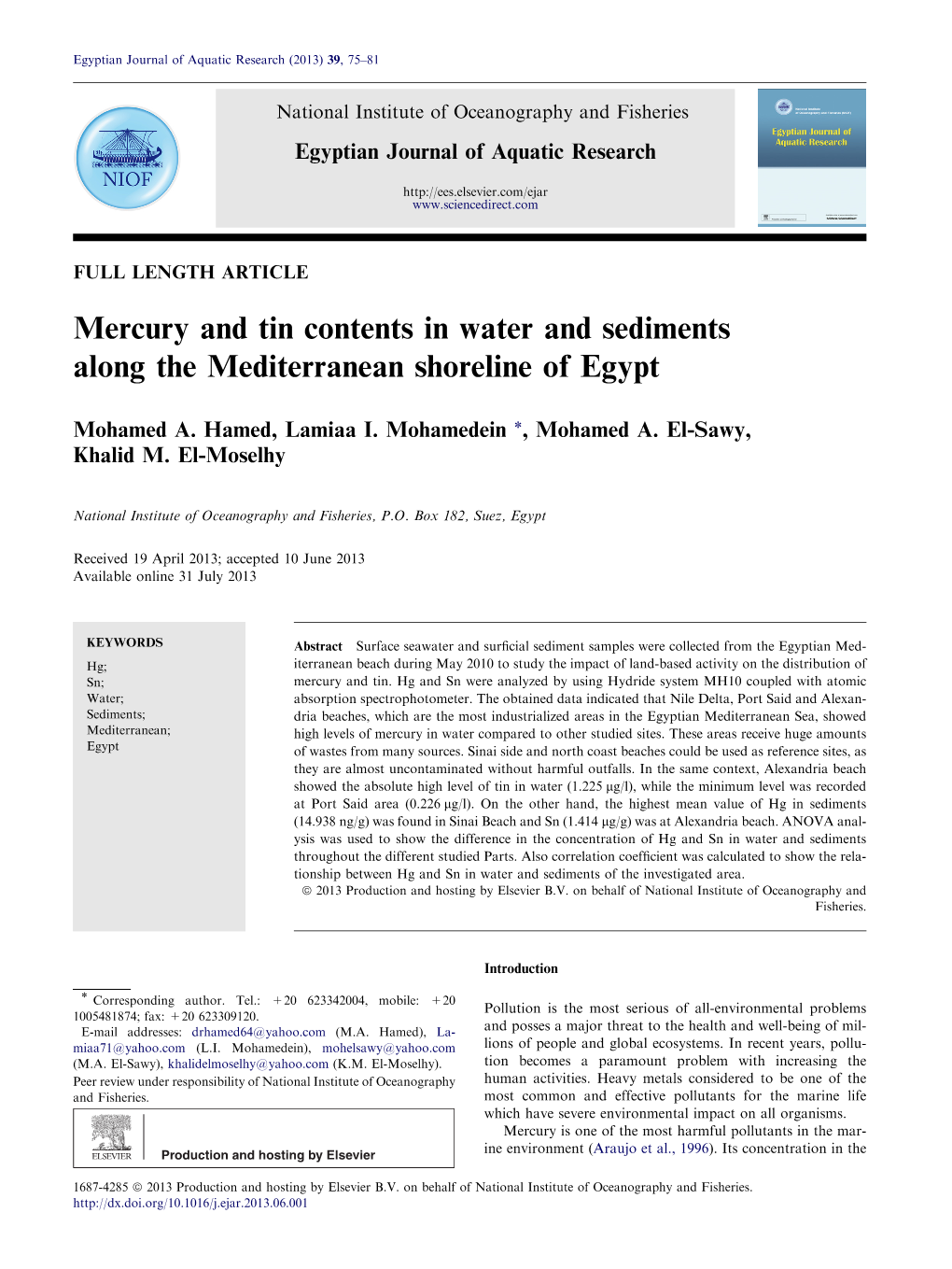 Mercury and Tin Contents in Water and Sediments Along the Mediterranean Shoreline of Egypt