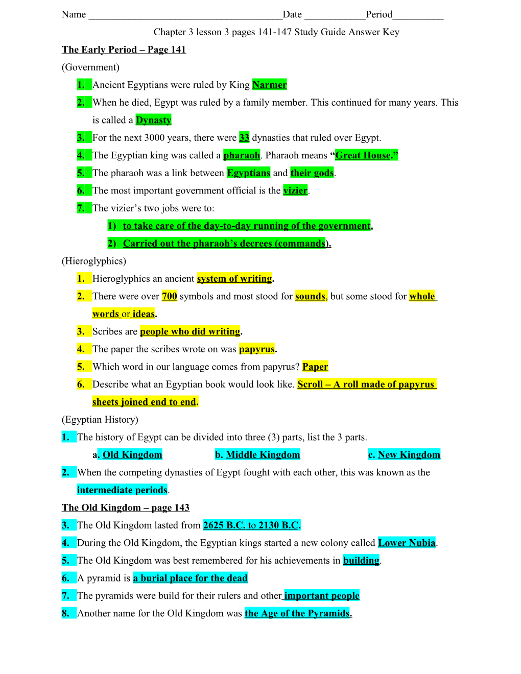 Chapter 3 Lesson 3 Pages 141-147 Study Guide Answer Key