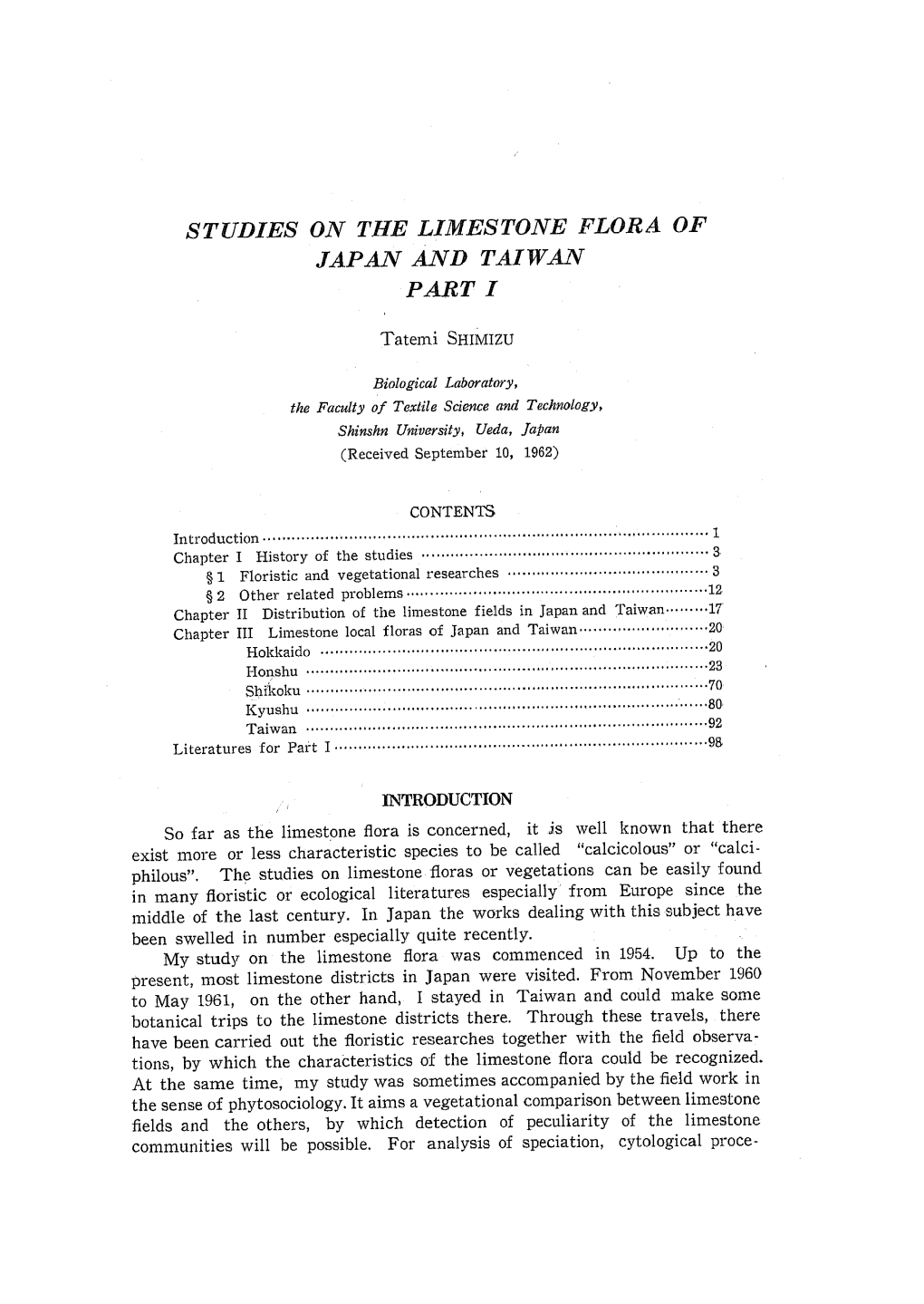 Studies on the Limestone Flora of Japan and Taiwan