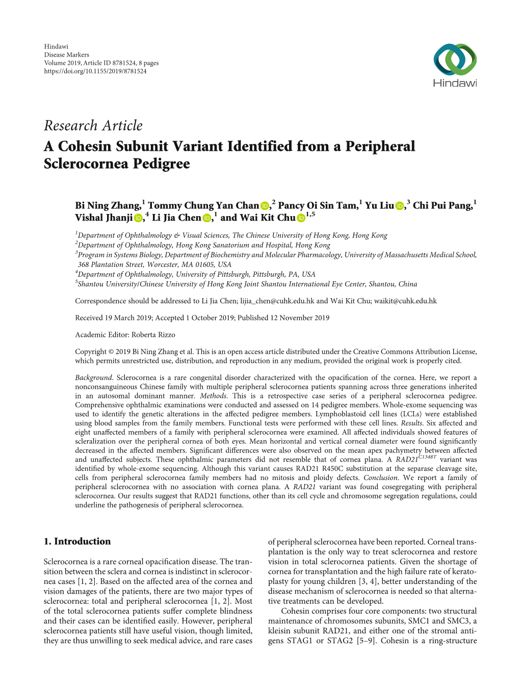 A Cohesin Subunit Variant Identified from a Peripheral Sclerocornea Pedigree