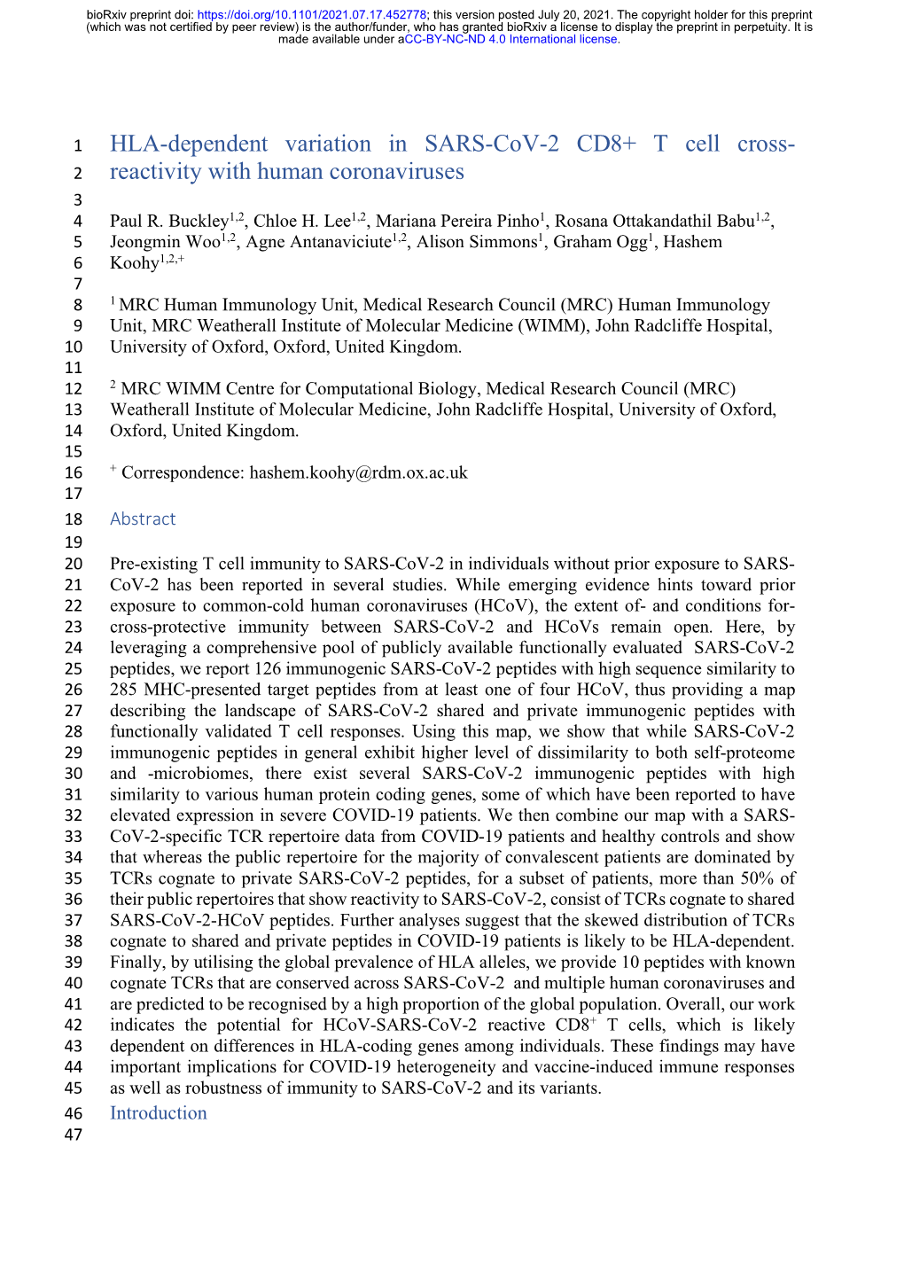 HLA-Dependent Variation in SARS-Cov-2 CD8+ T Cell Cross- 2 Reactivity with Human Coronaviruses 3 4 Paul R