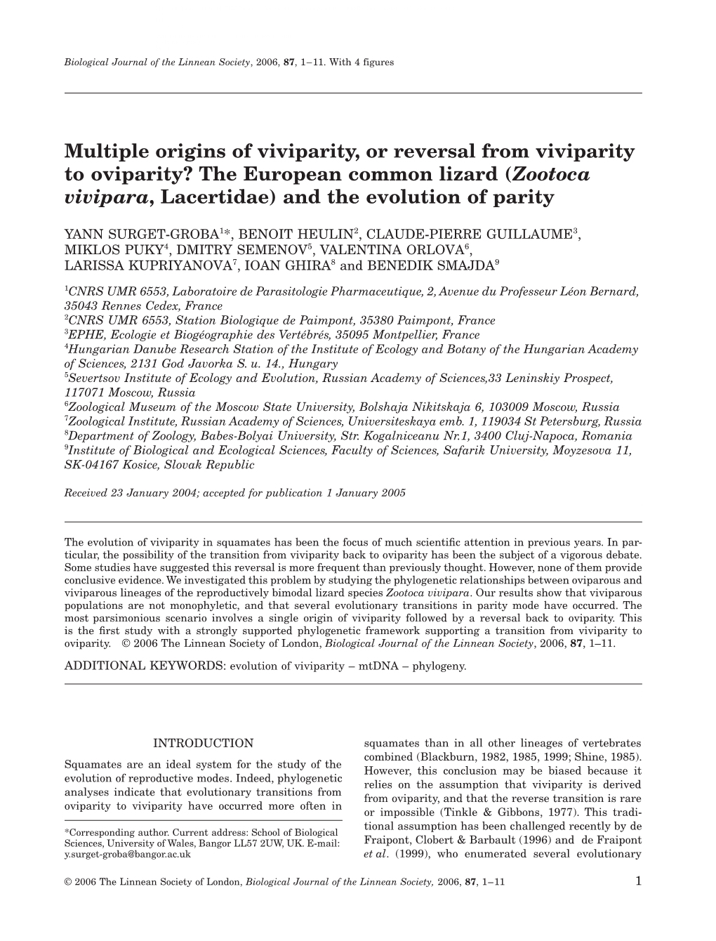 Zootoca Vivipara, Lacertidae) and the Evolution of Parity