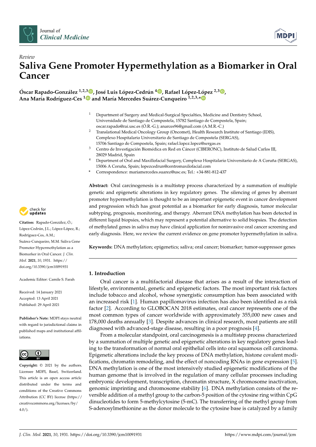 Saliva Gene Promoter Hypermethylation As a Biomarker in Oral Cancer