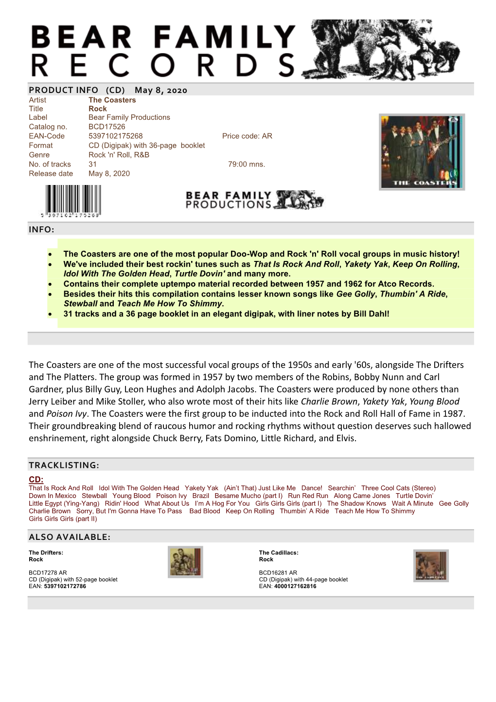 Bear Family Records Sales Sheet