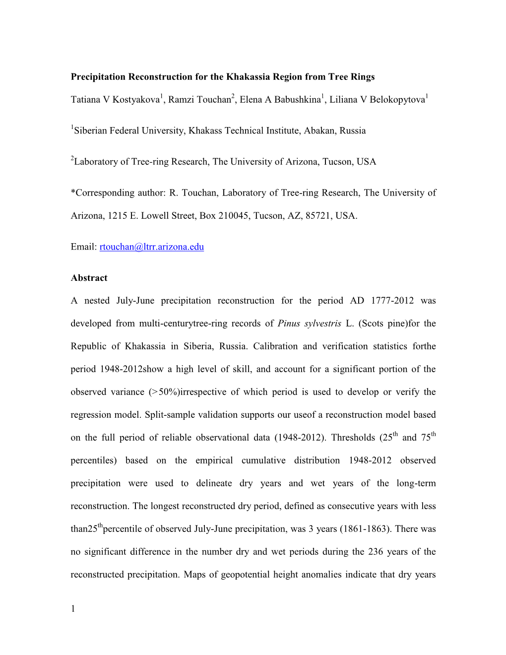 1 Precipitation Reconstruction for the Khakassia Region from Tree Rings