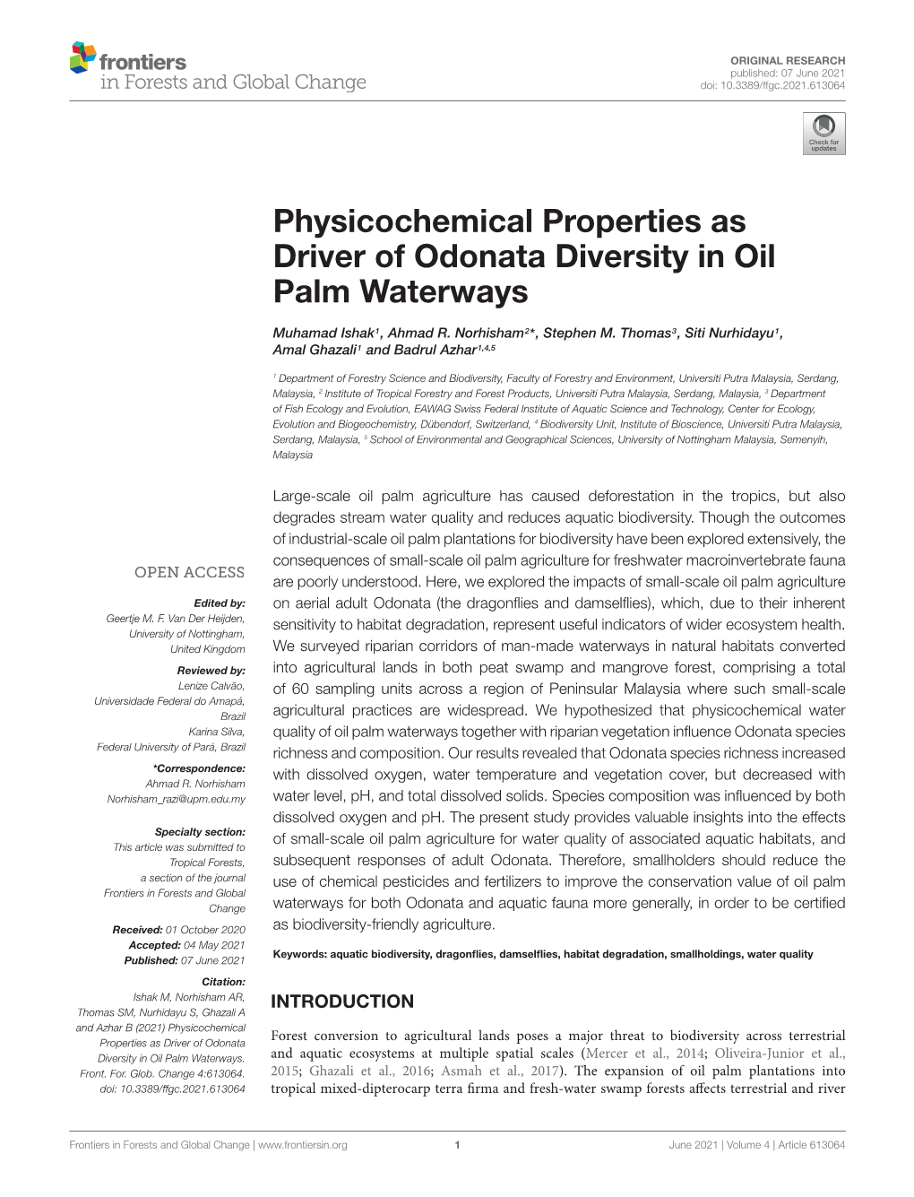 Physicochemical Properties As Driver of Odonata Diversity in Oil Palm Waterways