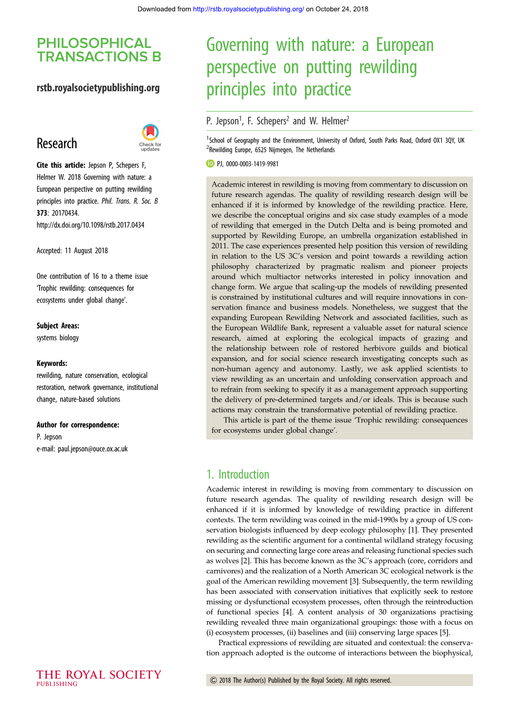 Governing with Nature: a European Perspective on Putting Rewilding Rstb.Royalsocietypublishing.Org Principles Into Practice