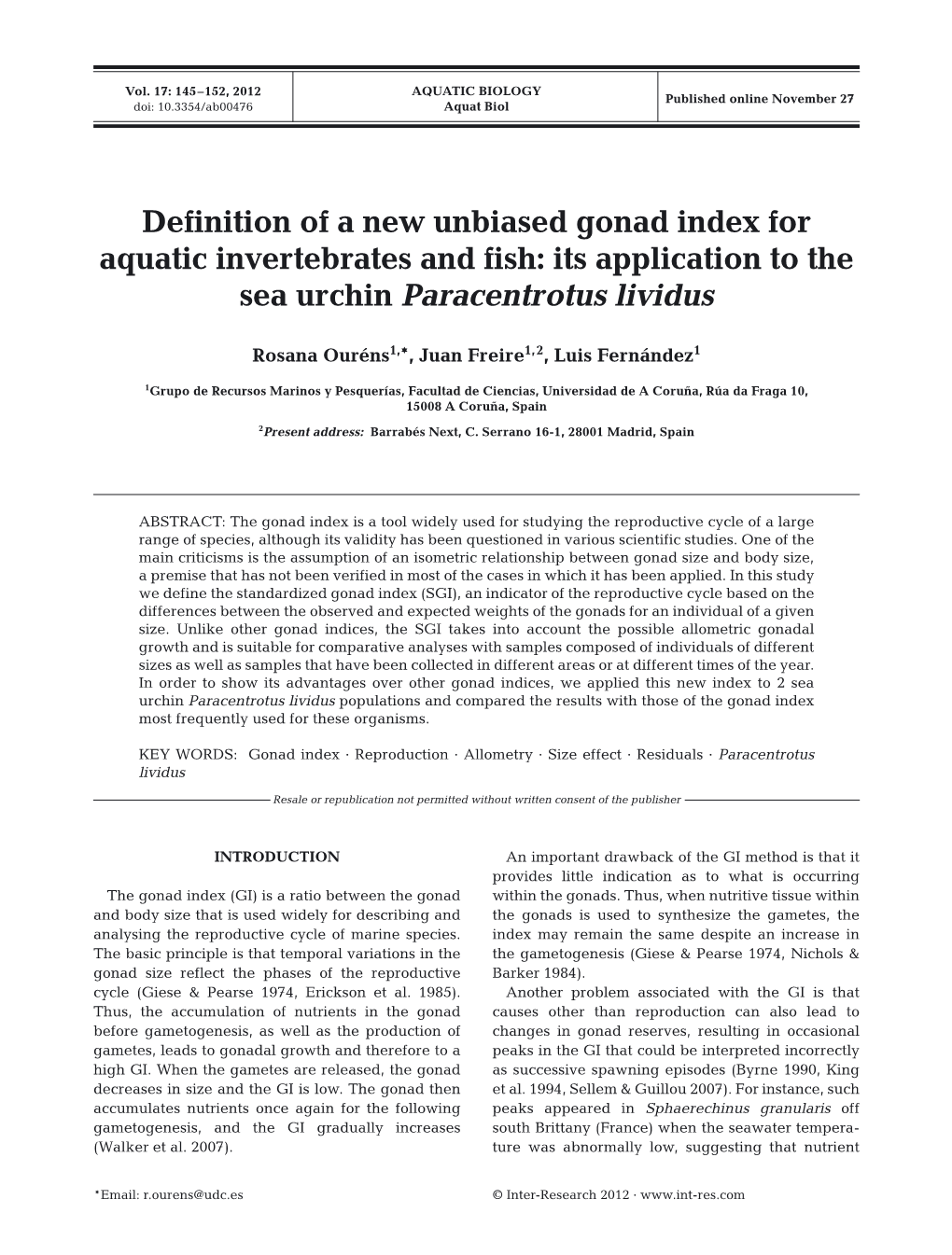 Definition of a New Unbiased Gonad Index for Aquatic Invertebrates and Fish: Its Application to the Sea Urchin Paracentrotus Lividus