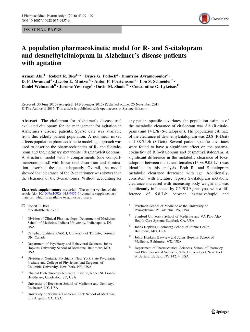 And S-Citalopram and Desmethylcitalopram in Alzheimer's