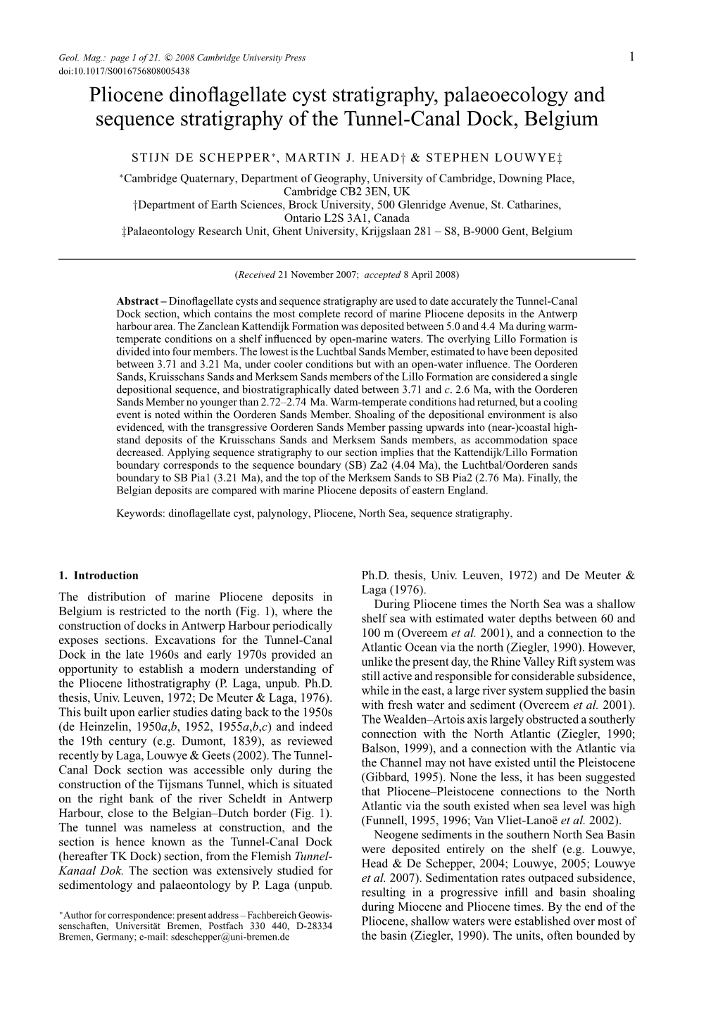 Pliocene Dinoflagellate Cyst Stratigraphy, Palaeoecology And