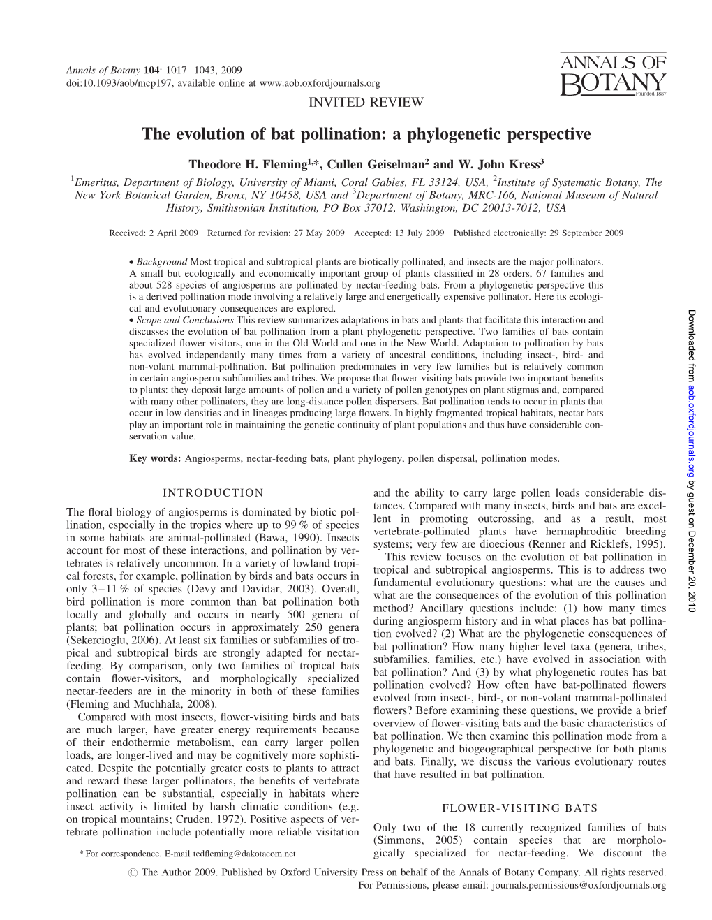 The Evolution of Bat Pollination: a Phylogenetic Perspective