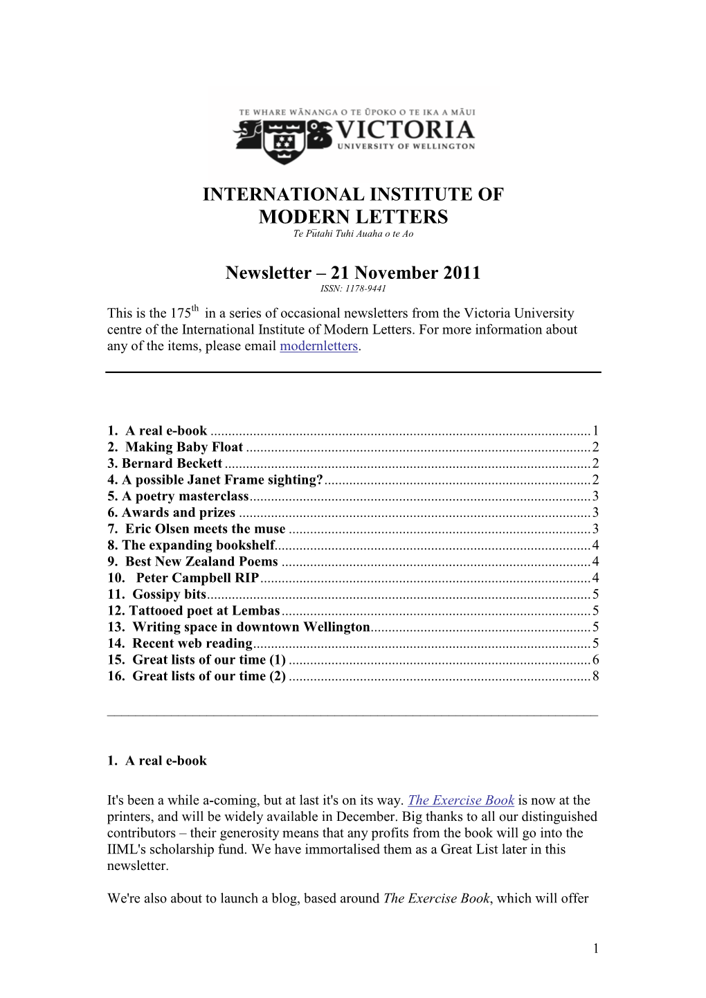 Newsletter – 21 November 2011 ISSN: 1178-9441