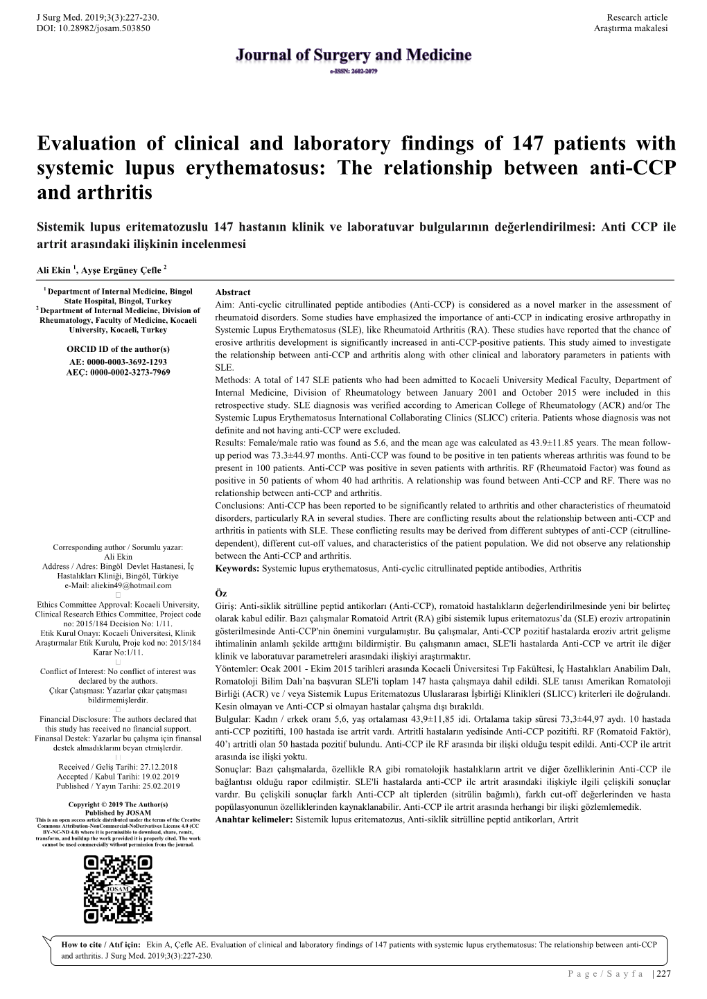 Evaluation of Clinical and Laboratory Findings of 147 Patients with Systemic Lupus Erythematosus: the Relationship Between Anti-CCP and Arthritis