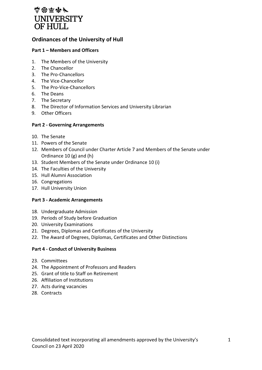 Ordinances of the University of Hull Part 1 – Members and Officers