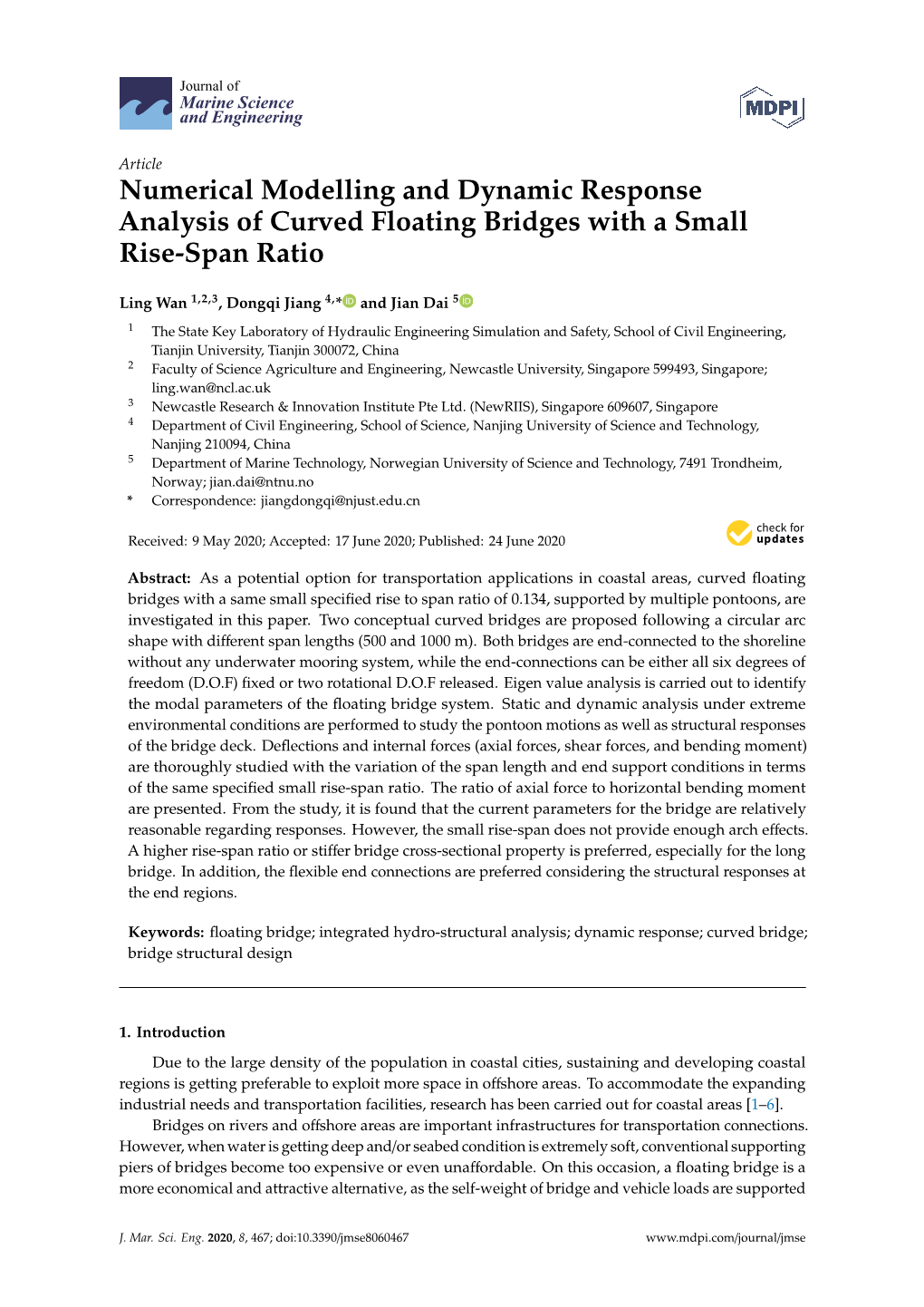 Numerical Modelling and Dynamic Response Analysis of Curved Floating Bridges with a Small Rise-Span Ratio