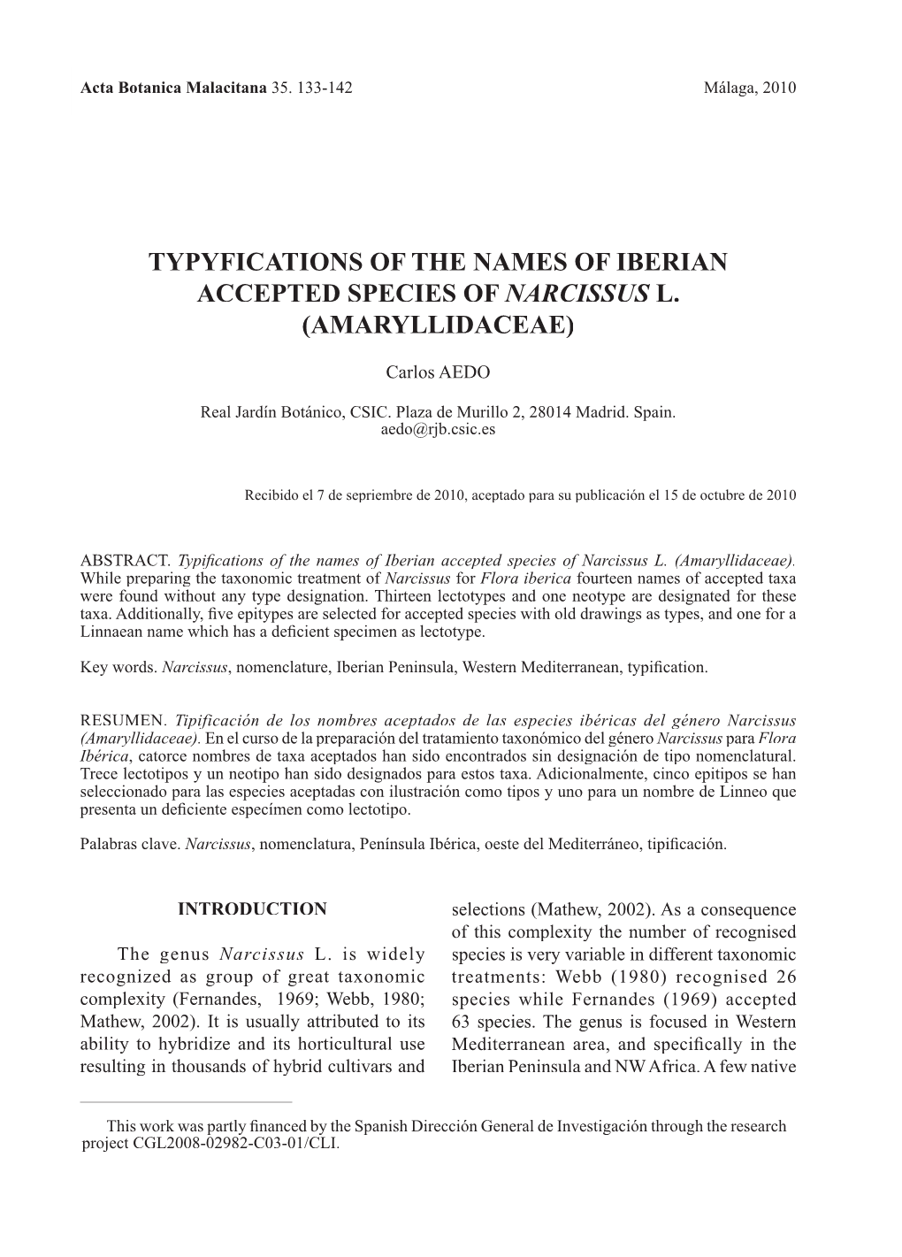 Typifications of the Names of Iberian Accepted Species of Narcissus L. (Amaryllidaceae)