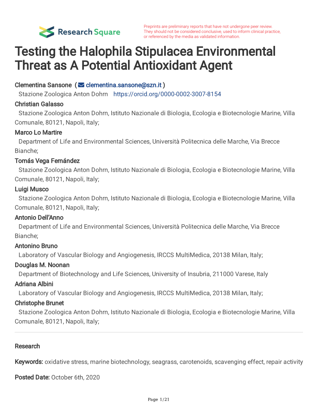 Testing the Halophila Stipulacea Environmental Threat As a Potential Antioxidant Agent