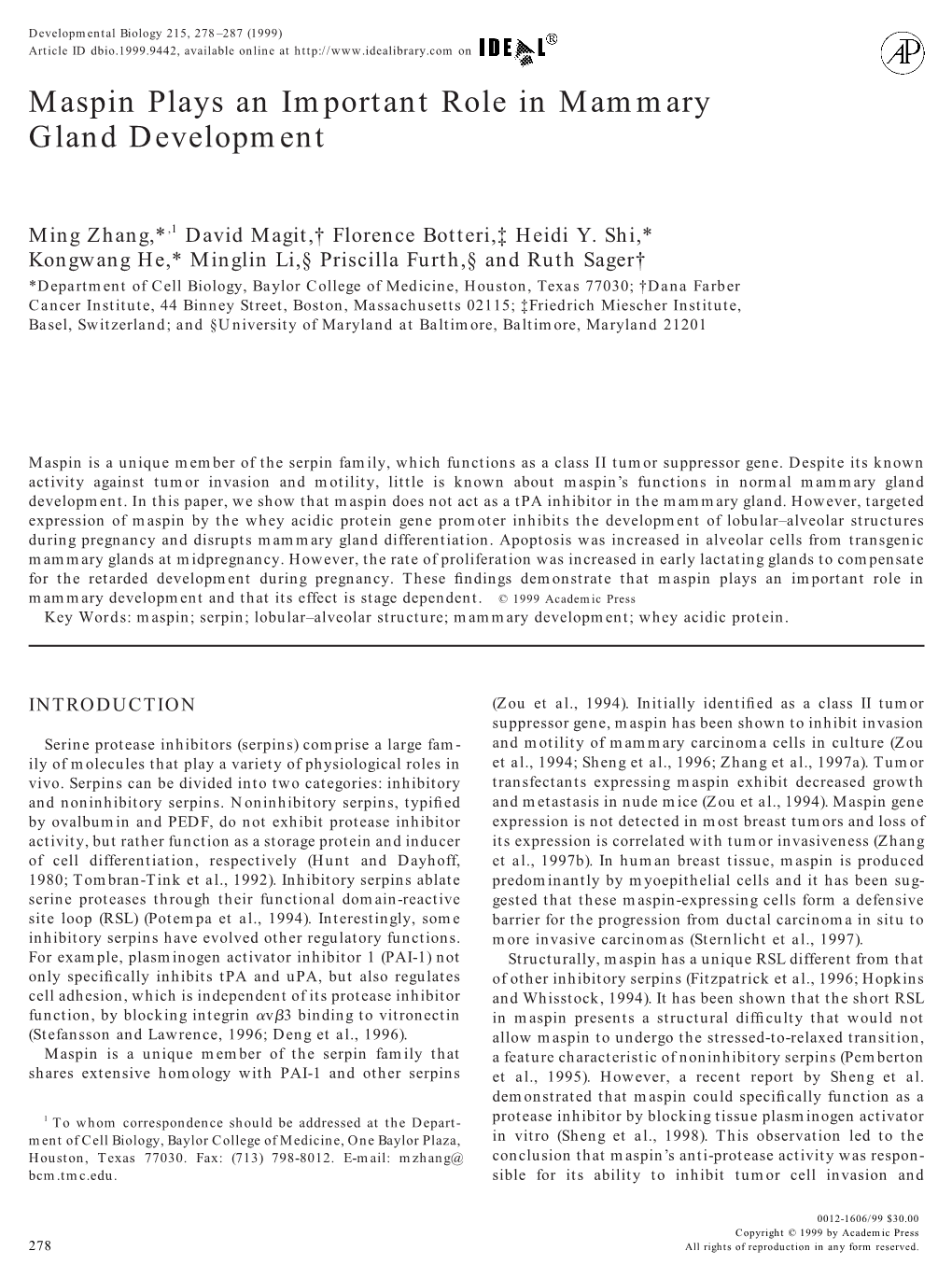 Maspin Plays an Important Role in Mammary Gland Development