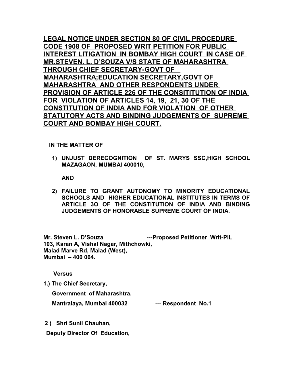 Legal Notice Under Section 80 of Civil Procedure Code 1908 of Proposed Writ Petition For