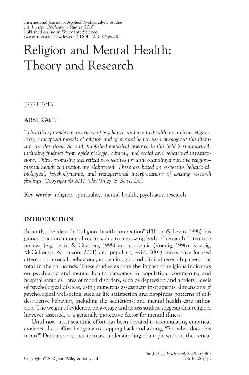 Religion and Mental Health: Theory and Research