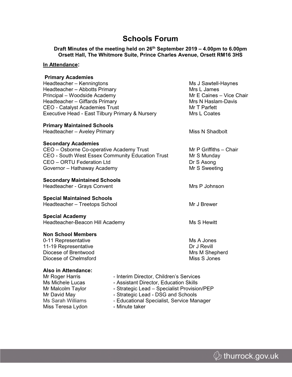 Thurrock Schools" Forum Minutes, 26 September 2019