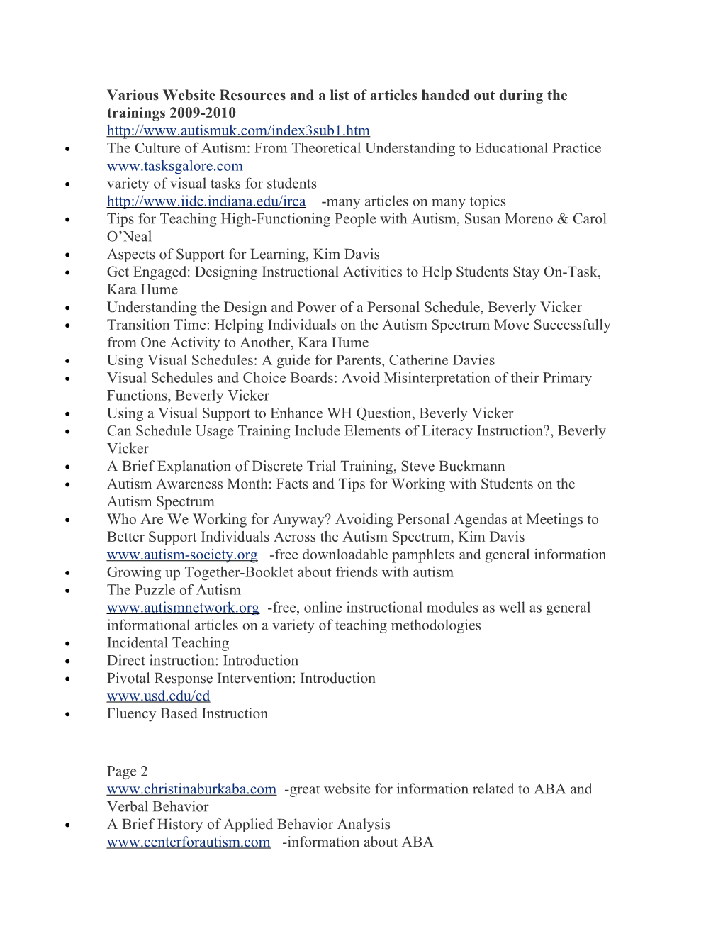 Various Website Resources and a List of Articles Handed out During the Trainings 2009-2010