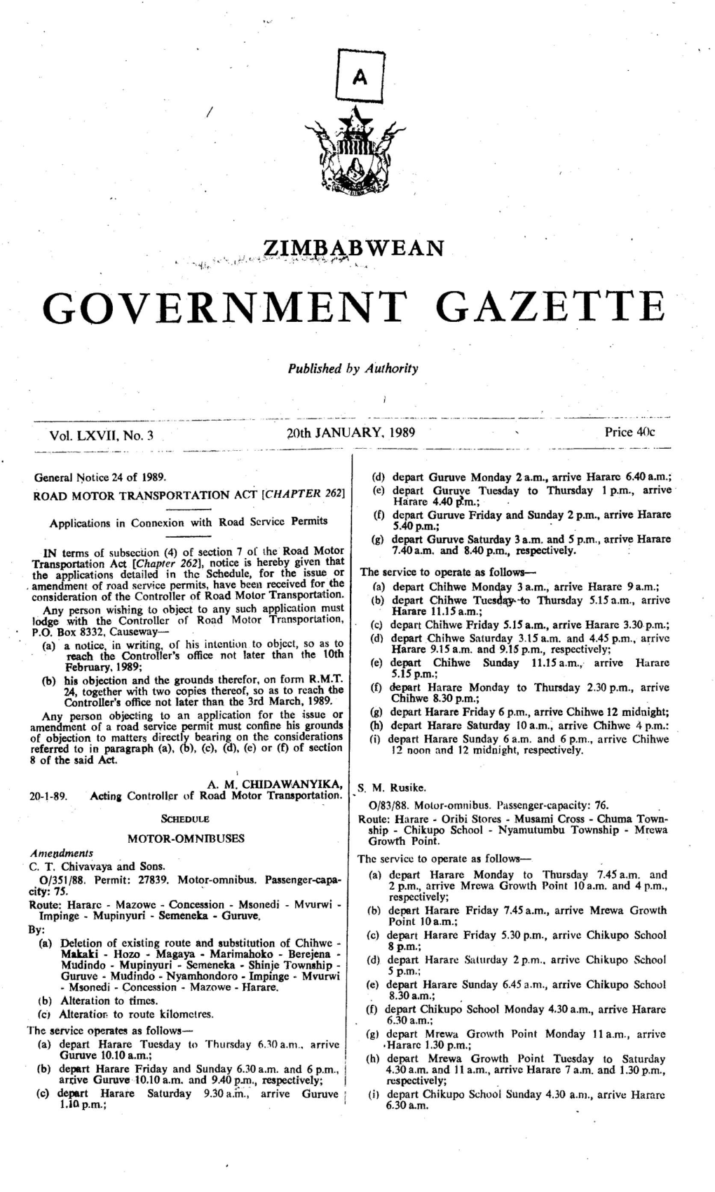 ZIMBABWEAN Ra Af: 78- Ty ; I Ee, ~ Governmentes GAZETTE