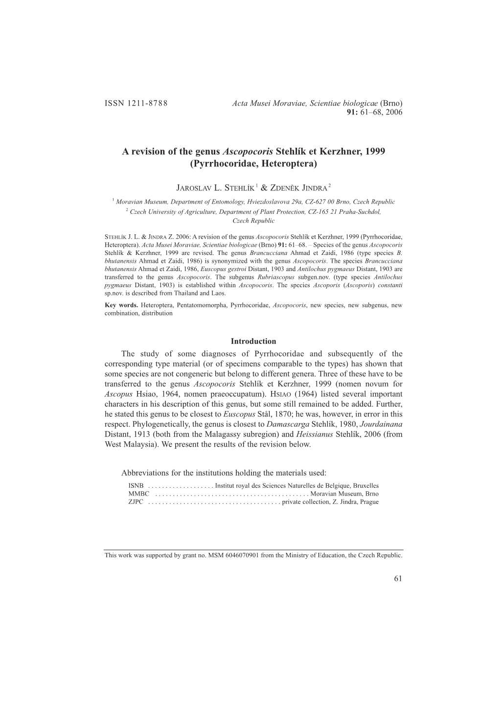 A Revision of the Genus Ascopocoris Stehlík Et Kerzhner, 1999 (Pyrrhocoridae, Heteroptera)