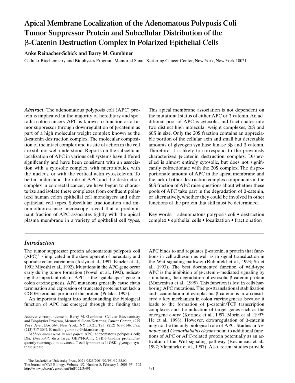 Apical Membrane Localization of the Adenomatous Polyposis Coli Tumor