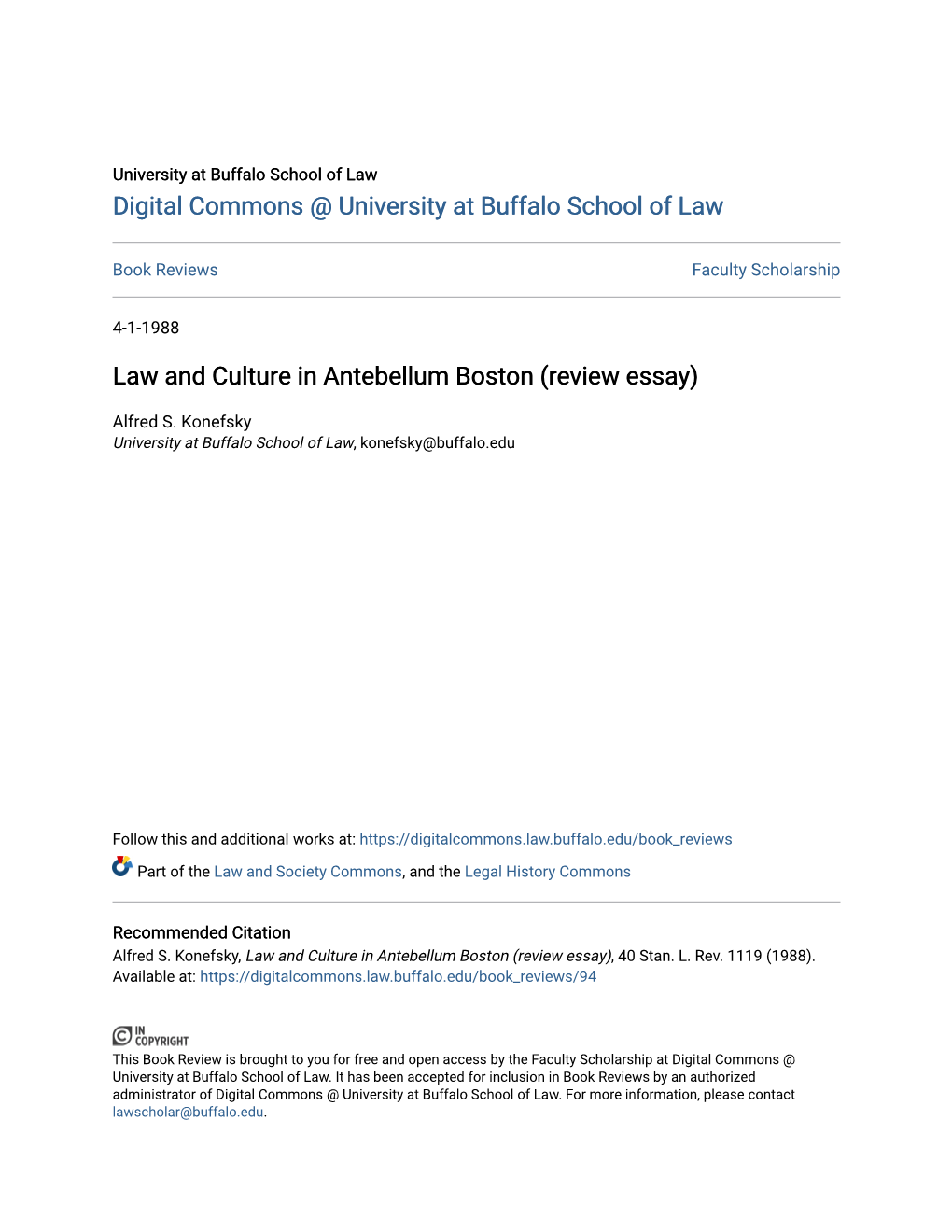Law and Culture in Antebellum Boston (Review Essay)
