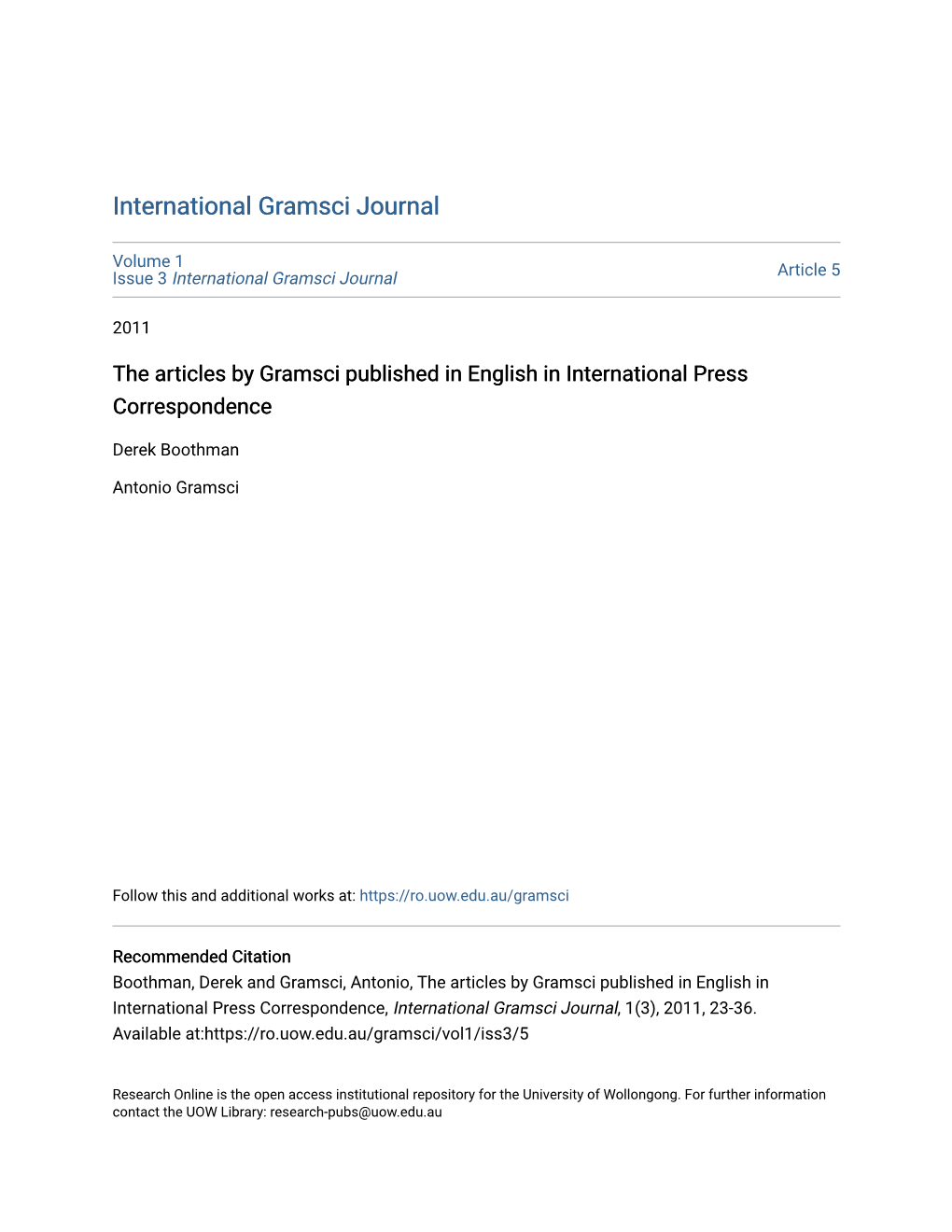 The Articles by Gramsci Published in English in International Press Correspondence